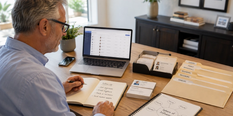 Experienced real estate professional organizing client contacts and relationship records for a referral network