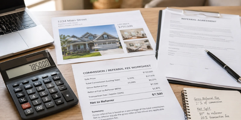 Calculator, referral agreement, and commission worksheet showing real estate referral fee and net split calculations