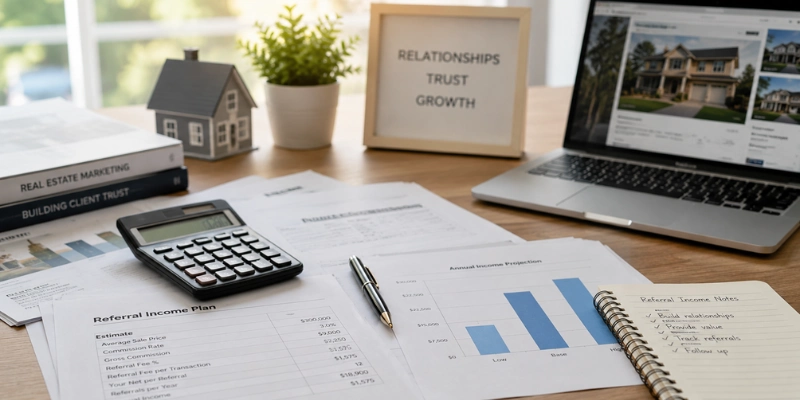 Referral income worksheet with calculator, laptop, and real estate market data