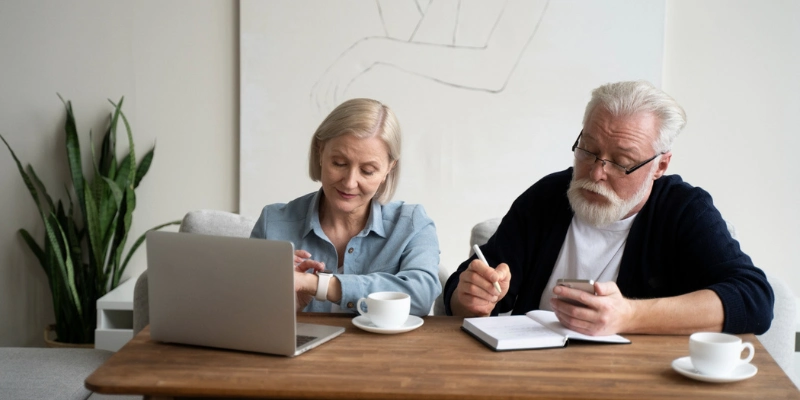 Older couple reviewing retirement planning documents together
