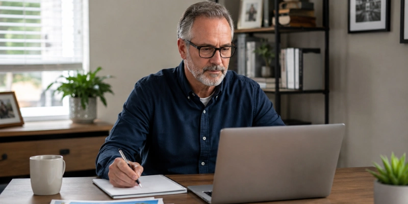 Experienced real estate professional working from a quiet home office with a laptop and notes, representing referral income without active showings