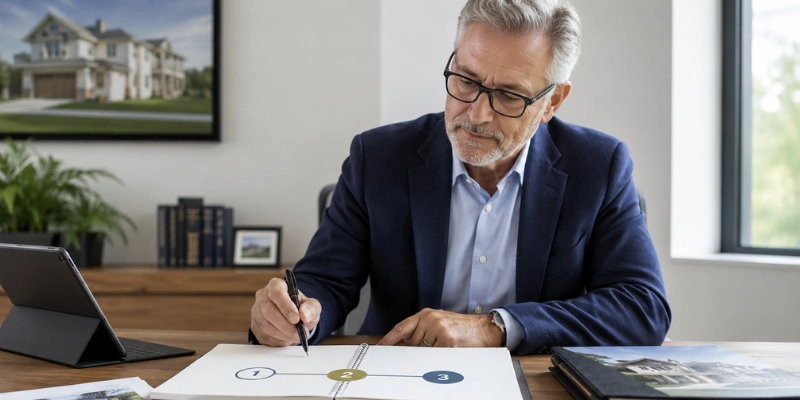 Experienced real estate professional reviewing a simple three-step retirement planning roadmap at a desk